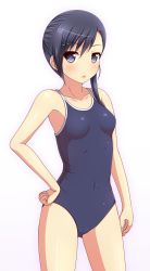 Rule 34 | 10s, 1girl, aiura, black eyes, black hair, blush, breasts, collarbone, competition school swimsuit, covered navel, hair ornament, hairclip, hand on own hip, ki (kk-sk-ray), one-piece swimsuit, open mouth, school swimsuit, simple background, small breasts, solo, standing, swimsuit, white background, yanase mei