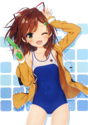 Rule 34 | 10s, 1girl, ;d, absurdres, arm up, armpits, blush, brown eyes, brown hair, covered navel, cowboy shot, flat chest, hair ornament, hair ribbon, hairclip, high school fleet, highres, hood, hooded jacket, irizaki mei, jacket, kani biimu, long hair, looking at viewer, off shoulder, one-piece swimsuit, one eye closed, open mouth, ponytail, ribbon, scan, school swimsuit, sleeves past wrists, smile, solo, swept bangs, swimsuit, water gun