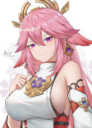 Rule 34 | 1girl, absurdres, animal ears, areola slip, breasts, commentary request, detached sleeves, earrings, fox ears, fox girl, genshin impact, hair between eyes, hair ornament, highres, japanese clothes, jewelry, kiz mk, large breasts, long hair, long sleeves, looking at viewer, nontraditional miko, pink hair, purple eyes, ribbon-trimmed sleeves, ribbon trim, sideboob, sidelocks, simple background, smile, solo, vision (genshin impact), white background, wide sleeves, yae miko