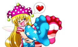 Rule 34 | 1girl, :p, american flag legwear, blonde hair, clownpiece, feet, foot focus, hat, heart, highres, holding legs, jester cap, legs up, long hair, madou, naughty face, pantyhose, smile, soles, toes, tongue, tongue out, touhou, wings