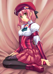 Rule 34 | 00s, 1girl, beret, blush, breasts, earrings, hand on leg, hand on own leg, hat, jewelry, looking at viewer, m.o.m.o., open mouth, pantyhose, pink hair, pleated skirt, ribbon, short hair, sitting, skirt, solo, xenosaga, xenosaga episode iii, yellow eyes