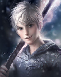Rule 34 | 1boy, frost, highres, hood, hoodie, ice, jack frost (rise of the guardians), looking at viewer, magic, male focus, parted lips, rise of the guardians, sakimichan, smile, solo, staff, white hair