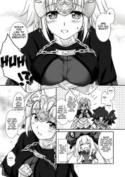 Rule 34 | 1boy, 2girls, ^ ^, armor, armored dress, blush, braid, breasts, chain, closed eyes, comic, english text, fate/grand order, fate (series), faulds, fujimaru ritsuka (male), full-face blush, gauntlets, gloves, greyscale, hair between eyes, half gloves, hand on own chest, headpiece, highres, jeanne d&#039;arc (fate), jeanne d&#039;arc (ruler) (fate), large breasts, large hat, long hair, looking at viewer, marie antoinette (fate), meme, monochrome, mori marimo, multiple girls, open mouth, parted lips, speech bubble, twintails, v