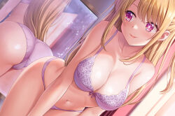 Rule 34 | + +, 1girl, ass, bent over, blonde hair, blush, bra, breasts, cleavage, denhijou niki, facing viewer, floral print, front-tie bra, front-tie top, hair between eyes, hoshino ruby, indoors, lace, lace-trimmed bra, lace trim, large breasts, leaning forward, long hair, looking at mirror, looking at self, looking back, mirror, mismatched pupils, navel, one side up, open mouth, oshi no ko, panties, pink bra, pink eyes, pink panties, print bra, reflection, sidelocks, smile, solo, standing, star-shaped pupils, star (symbol), star in eye, symbol-shaped pupils, symbol in eye, underwear, underwear only, very long hair
