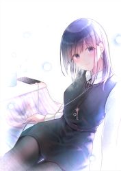 Rule 34 | 1girl, absurdres, arm support, beamed eighth notes, belt, black dress, black pantyhose, black ribbon, blush, cellphone, closed mouth, commentary request, cup, dress, drinking glass, earphones, eighth note, hair ornament, hairclip, head tilt, highres, kayakooooo, key, kotatsu, long hair, long sleeves, musical note, neck ribbon, original, pantyhose, phone, pinafore dress, purple eyes, purple hair, quarter note, ribbon, shirt, sidelocks, simple background, sitting, sleeveless dress, smartphone, smile, solo, table, thigh gap, white background, white shirt