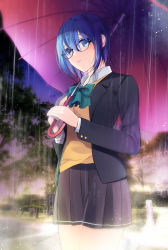 Rule 34 | 1girl, absurdres, black-framed eyewear, black jacket, blue eyes, blue hair, bow, bowtie, cardigan, ciel (tsukihime), collared shirt, commentary request, glasses, green bow, grey skirt, hair between eyes, highres, holding, holding umbrella, jacket, lips, long sleeves, looking at viewer, murotomo haru, night, open clothes, open jacket, outdoors, pink lips, pleated skirt, rain, red umbrella, school uniform, shirt, short hair, skirt, smile, solo, tree, tsukihime, tsukihime (remake), umbrella, uniform, white shirt, yellow cardigan