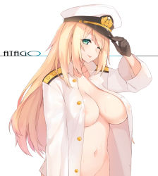 Rule 34 | 1girl, ;p, admiral (kancolle), admiral (kancolle) (cosplay), areola slip, atago (kancolle), black gloves, blonde hair, blush, breasts, coat, cosplay, gloves, green eyes, hat, hsuliherng, kantai collection, large breasts, long hair, looking at viewer, military, military uniform, naked coat, naval uniform, navel, no bra, one eye closed, open clothes, open shirt, out-of-frame censoring, shirt, simple background, smile, solo, tongue, tongue out, underboob, uniform, white background