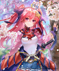 Rule 34 | arm at side, arm support, armor, blush, bow, cherry blossoms, falling petals, fukube, hair bow, hair ornament, highres, japanese armor, japanese clothes, jouizumi masamune, katana, long hair, official art, petals, pleated skirt, red eyes, red hair, rope belt, sheath, sheathed, shoulder armor, skirt, smile, sword, tenka hyakken, twintails, waist cape, weapon, wide sleeves