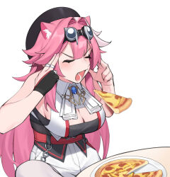1girl animal_ear_fluff animal_ears breasts cleavage closed_eyes concentrating dasdokter finger_to_head fingers_to_head floating food highres hololive hololive_english levitation long_hair man_levitating_pizza_(meme) meme multicolored_hair mundane_utility open_mouth panther_ears panther_girl pink_hair pizza pizza_box pizza_slice raora_panthera simple_background solo streaked_hair telekinesis virtual_youtuber white_background