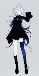 Rule 34 | 1girl, ahoge, anklet, asymmetrical legwear, black dress, black footwear, blue eyes, blue thighhighs, boots, bright pupils, clothing cutout, commentary request, dangle earrings, dress, earrings, full body, grey background, hair over one eye, hand up, highres, jewelry, long hair, looking at viewer, mochiosamu ron, original, patterned clothing, simple background, smile, solo, thighhighs, very long hair, white hair, white pupils, zipper