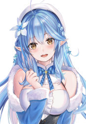 Rule 34 | 1girl, :d, absurdres, ahoge, argyle, argyle bow, argyle bowtie, argyle clothes, argyle neckwear, bare shoulders, beret, blue bow, blue bowtie, blue hair, blush, bow, bowtie, braid, breasts, brown eyes, cleavage cutout, clothing cutout, commentary request, corset, crystal, elf, flower, fur-trimmed sleeves, fur trim, hair flower, hair ornament, half updo, hat, head tilt, highres, hololive, long hair, long sleeves, looking at viewer, medium breasts, off shoulder, open mouth, pointy ears, screw (artist), side braid, simple background, smile, solo, star (symbol), teeth, upper body, upper teeth only, very long hair, virtual youtuber, white background, white flower, white hat, yukihana lamy