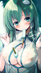 Rule 34 | 1girl, akanagi youto, bad id, bad pixiv id, bare shoulders, between breasts, blush, breasts, cleavage, detached sleeves, food, food in mouth, frog hair ornament, green eyes, green hair, hair ornament, hair tubes, hands up, kochiya sanae, large breasts, long hair, matching hair/eyes, mouth hold, nail polish, nipples, popsicle, see-through, see-through silhouette, snake hair ornament, solo, touhou