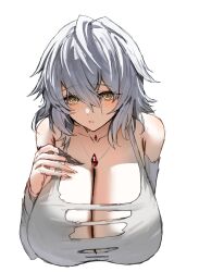 Rule 34 | 1girl, bare shoulders, breasts, cleavage, code vein, commentary request, cropped torso, detached sleeves, hair between eyes, hand on own chest, highres, horn/wood, huge breasts, io (code vein), jewelry, light blush, looking at viewer, medium hair, necklace, parted lips, shirt, simple background, solo, torn clothes, torn shirt, white background, white hair, white shirt, yellow eyes