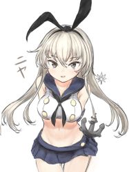 Rule 34 | 1girl, alternate breast size, arms behind back, black hairband, black neckerchief, blonde hair, blue skirt, breasts, commentary request, cowboy shot, crop top, grey eyes, hairband, kantai collection, leaning forward, long hair, looking at viewer, medium breasts, microskirt, midriff, neckerchief, pleated skirt, shimakaze (kancolle), simple background, skirt, solo, straightbeta, straightbeta, white background
