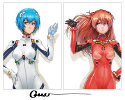 Rule 34 | 2girls, artist name, ayanami rei, blue eyes, blue hair, blush, bodysuit, breasts, brown hair, column lineup, expressionless, frown, hair between eyes, hair flip, hairpods, hand on own hip, interface headset, long hair, multiple girls, neon genesis evangelion, nose, omar dogan, plugsuit, pout, red eyes, short hair, signature, simple background, small breasts, souryuu asuka langley, upper body, waving, white background