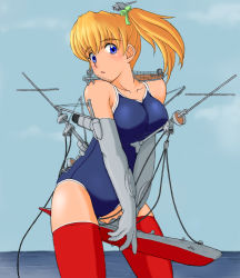 Rule 34 | 1girl, competition school swimsuit, competition swimsuit, fictional persona, giant, giantess, imperial japanese navy, kirio (ccr00235), mecha musume, military, ocean, one-piece swimsuit, original, red hair, school swimsuit, self-portrait, ship, side ponytail, solo, swimsuit, thighhighs, watercraft, what