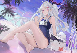 Rule 34 | 1girl, ahoge, bare arms, bare legs, bare shoulders, barefoot, black wings, blue archive, blue one-piece swimsuit, blue sky, breasts, dema hmw, demon horns, demon wings, duplicate, dutch angle, feet, floating hair, full body, gradient sky, halo, highres, hina (blue archive), hina (swimsuit) (blue archive), horns, legs, long hair, looking at viewer, low wings, multiple horns, name tag, one-piece swimsuit, one side up, open mouth, outdoors, palm tree, parted bangs, pixel-perfect duplicate, purple eyes, purple sky, school swimsuit, sitting, sky, small breasts, soles, solo, swimsuit, toenails, toes, tree, very long hair, wavy hair, wet, white hair, wings