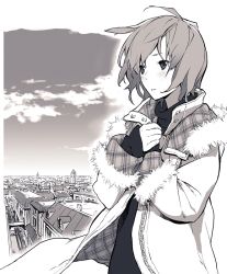 Rule 34 | androgynous, coat, gender request, greyscale, jiyu2, monochrome, outdoors, short hair, sky, solo, town