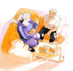 Rule 34 | 1boy, 1girl, :t, black footwear, black pants, blonde hair, blue eyes, blue jacket, blue pants, blue shirt, blush, box, bread, breasts, can, casual, couch, cross, cross earrings, cushion, dorohedoro, doughnut, drink can, earrings, eating, flower, food, food wrapper, from above, hand up, holding, holding food, hood, hooded jacket, inverted cross, jacket, jewelry, large breasts, long hair, long sleeves, looking at another, looking to the side, noi (dorohedoro), odagorom, on couch, open clothes, open jacket, orange flower, pants, pastry box, pillow, ponytail, red eyes, shin (dorohedoro), shirt, short hair, short sleeves, sitting, slippers, socks, soda can, stitched arm, stitches, t-shirt, table, tissue box, track suit, trash can, white background, white hair, white legwear, white shirt