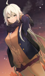 Rule 34 | 1girl, ahoge, arm up, backpack, bag, black scarf, blazer, blue jacket, breasts, brown cardigan, brown eyes, brown pantyhose, cardigan, commentary request, dutch angle, fate/grand order, fate (series), hand in own hair, highres, itohana, jacket, jeanne d&#039;arc (fate), jeanne d&#039;arc alter (avenger) (fate), jeanne d&#039;arc alter (fate), long hair, long sleeves, looking at viewer, medium breasts, miniskirt, outdoors, pantyhose, pleated skirt, red neckwear, red skirt, scarf, school uniform, silver hair, skirt, sky, solo, twilight, v-shaped eyebrows, very long hair, white background
