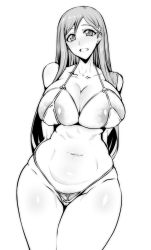 Rule 34 | 1girl, belly, bikini, bleach, breasts, curvy, flower, gggg, greyscale, hair flower, hair ornament, highres, huge breasts, inoue orihime, large areolae, long hair, looking at viewer, monochrome, navel, open mouth, partially visible vulva, plump, puffy nipples, smile, solo, swimsuit, thong bikini, white background, wide hips