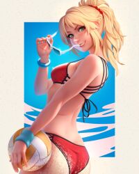 Rule 34 | 1girl, alternate costume, ass, ball, bikini, blonde hair, blush, bracelet, braid, breasts, commentary, commission, cowboy shot, day, english commentary, unworn eyewear, fate/apocrypha, fate/grand order, fate (series), from behind, green eyes, highres, holding, holding removed eyewear, jewelry, legs together, lips, long hair, looking at viewer, looking back, medium breasts, mordred (fate), mordred (fate/apocrypha), parted lips, photoshop (medium), ponytail, red bikini, revision, sand, smile, solo, standing, string bikini, sunglasses, swimsuit, teeth, tsuaii, volleyball, volleyball (object)