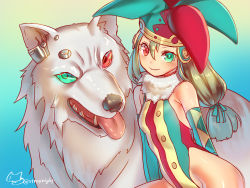 Rule 34 | 1girl, animal, blonde hair, breasts, fur collar, gradient background, gradient hair, green eyes, hat, heterochromia, jester, jester cap, leotard, long hair, looking at viewer, low-tied long hair, mitake eil, multicolored hair, original, oversized animal, red eyes, shiny skin, signature, small breasts, smile, tongue, tongue out, twitter username, white wolf, wolf