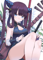 Rule 34 | 1girl, bare shoulders, black dress, blue eyes, blunt bangs, blush, breasts, china dress, chinese clothes, cleavage, closed mouth, detached sleeves, dress, fate/grand order, fate (series), flute, hair ornament, highres, instrument, knees up, large breasts, leaf hair ornament, long hair, looking at viewer, pipa (instrument), plant, sitting, slumcat, smile, solo, thighs, twintails, very long hair, yang guifei (fate), yang guifei (second ascension) (fate)
