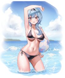Rule 34 | 1girl, arm over head, arm up, armpits, bad id, bad pixiv id, ball, bare arms, bare shoulders, beachball, bikini, black bikini, black hairband, blue hair, blush, breasts, brown eyes, chirang, commentary, cowboy shot, eula (genshin impact), genshin impact, hairband, halterneck, hand on own hip, highres, large breasts, long hair, looking at viewer, navel, ocean, parted lips, side-tie bikini bottom, solo, standing, stomach, string bikini, swimsuit, wading, water, wet