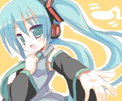 Rule 34 | 1girl, aqua eyes, aqua hair, blush, detached sleeves, dress shirt, full body, hatsune miku, headphones, long hair, long sleeves, meito (maze), necktie, open mouth, outstretched arm, shirt, simple background, solo, twintails, vocaloid