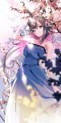 Rule 34 | 1girl, alternate costume, animal ears, bare arms, bare shoulders, blurry, blurry foreground, breasts, brown hair, cherry blossoms, closed mouth, colored inner hair, dress, feet out of frame, hair over one eye, hand up, hat, highres, horse ears, long hair, looking at viewer, multicolored hair, pink eyes, rice shower (umamusume), shading eyes, small breasts, smile, solo, standing, strapless, strapless dress, tree, umamusume, white dress, yomean!