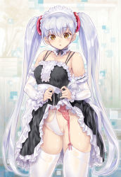 Rule 34 | 1girl, bare shoulders, blush, breasts, brown eyes, clothes lift, detached sleeves, garter belt, highres, hoshino ruri, kidou senkan nadesico, kiyama satoshi, lifting own clothes, long hair, looking at viewer, maid headdress, panties, parted lips, silver hair, skirt, skirt lift, solo, thighhighs, twintails, underwear, very long hair, white panties, white thighhighs