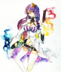 Rule 34 | 1girl, adapted costume, bad id, bad pixiv id, belt, breasts, capelet, cleavage, cleavage cutout, clothing cutout, crescent, crescent hair ornament, female focus, hair ornament, no headwear, no headwear, okayamakoto, painting (medium), patchouli knowledge, purple eyes, purple hair, short hair, solo, thighhighs, touhou, traditional media, vial, watercolor (medium), white thighhighs, zettai ryouiki