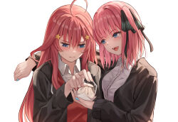Rule 34 | 2girls, 3:, ahoge, arm around neck, baozi, black cardigan, black ribbon, blue eyes, blue nails, blunt bangs, blush, breast press, butterfly hair ornament, cardigan, casual, closed mouth, commentary, dress shirt, eyelashes, eyes visible through hair, fingernails, food, frown, go-toubun no hanayome, hair between eyes, hair ornament, hair ribbon, hand up, highres, holding, holding food, hug, jitome, light blush, lips, long hair, long sleeves, looking at another, looking at food, medium hair, multiple girls, nail polish, nakano itsuki, nakano nino, open cardigan, open clothes, pink hair, raikun raikun, reaching, red hair, red sweater vest, revision, ribbon, shirt, siblings, sidelocks, simple background, sisters, smile, star (symbol), star hair ornament, steam, straight hair, sweat, sweater vest, twins, upper body, very long hair, white background, white shirt