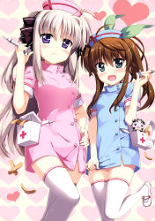 Rule 34 | 2girls, :3, :d, absurdres, ahoge, bandages, bandaid, black bow, black scrunchie, blue dress, blue eyes, blue hat, blush, bow, breasts, brown hair, collared dress, creature, dress, dress tug, fang, female focus, first aid kit, fujima takuya, fuka reventon, green ribbon, hair between eyes, hair bow, hair ornament, hair ribbon, hair scrunchie, hand on own hip, hand up, hat, heart, heart background, highres, holding, holding syringe, huracan (vivid strike!), leg up, looking at viewer, lyrical nanoha, mary janes, medium breasts, multiple girls, nurse, nurse cap, official art, open mouth, patterned background, pink dress, pink hat, platinum blonde hair, ponytail, purple eyes, red stripes, ribbon, rinne berlinetta, scan, scrunchie, shiny clothes, shiny skin, shoes, short dress, silver hair, single stripe, skindentation, small breasts, smile, standing, standing on one leg, striped, striped bow, syringe, thighhighs, vivid strike!, white background, white footwear, white legwear, white stripes, zettai ryouiki