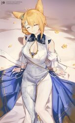 Rule 34 | 1girl, ^ ^, animal ears, arknights, blonde hair, breasts, china dress, chinese clothes, cleavage, closed eyes, dress, facing viewer, hair ornament, highres, kroos (arknights), kroos the keen glint (along the corridor) (arknights), kroos the keen glint (arknights), medium breasts, nashidrop, rabbit ears, sitting, smile, solo