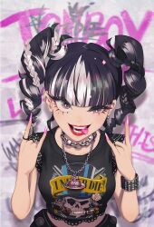 Rule 34 | 1girl, black eyes, black hair, black shirt, bracelet, braid, chain, crop top, curly hair, horns pose, graffiti, hands up, highres, jewelry, looking at viewer, medium hair, multicolored eyes, multicolored hair, necklace, open mouth, original, pink eyes, print shirt, red lips, shirt, solo, studded bracelet, tongue, tongue out, twintails, white hair, yeol2510