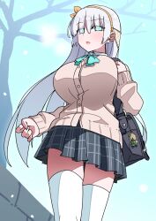 Rule 34 | 1girl, absurdres, akitokage, anastasia (fate), bag, blue eyes, blue sky, blush, breasts, collared shirt, dress shirt, fate/grand order, fate (series), grey skirt, hair over one eye, hairband, highres, large breasts, long hair, long sleeves, looking at viewer, open mouth, plaid, plaid skirt, shirt, shoulder bag, skirt, sky, snowing, solo, thighhighs, thighs, very long hair, viy (fate), white hair, white shirt, white thighhighs