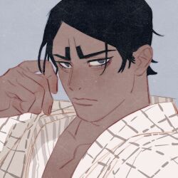 Rule 34 | 1boy, black eyes, black hair, blue background, chengongzi123, closed mouth, dark-skinned male, dark skin, golden kamuy, hand up, highres, japanese clothes, koito otonoshin, looking at viewer, male focus, short hair, simple background, upper body, very short hair