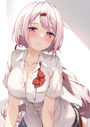 Rule 34 | 1girl, blush, bow, bowtie, breast pocket, breasts, cleavage, collarbone, collared shirt, commentary request, cowboy shot, dress shirt, gradient hair, hair ornament, hairclip, highres, large breasts, long hair, looking at viewer, low ponytail, multicolored hair, nijisanji, parted lips, pink eyes, pink hair, plaid, plaid skirt, pocket, red bow, red bowtie, red skirt, shiina yuika, shirt, short sleeves, silver hair, simple background, skirt, solo, swept bangs, very long hair, virtual youtuber, white background, white shirt, yuuri nayuta