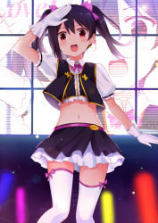 Rule 34 | 10s, 1girl, :d, arm up, black hair, blush, bow, copyright name, crop top, earrings, gloves, glowstick, hair bow, jewelry, looking at viewer, love live!, love live! school idol project, midriff, mmrailgun, navel, no brand girls, open mouth, shiny skin, short hair, skirt, smile, solo, standing, thighhighs, twintails, white gloves, white thighhighs, yazawa nico, zoom layer