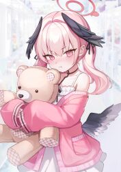 Rule 34 | 1girl, absurdres, alternate costume, angel wings, arcade, arcade cabinet, bare shoulders, black wings, blue archive, blush, casual, closed mouth, commentary request, dress, eunyoo, feathered wings, hair ribbon, halo, highres, holding, hugging object, indoors, koharu (blue archive), long hair, long sleeves, looking at viewer, low wings, off shoulder, open clothes, pink eyes, pink hair, pink sweater, pout, ribbon, sleeves past fingers, sleeves past wrists, solo, stuffed animal, stuffed toy, sweater, teddy bear, twintails, white dress, wings