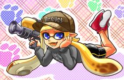 Rule 34 | 1girl, bike shorts, blonde hair, blue eyes, fangs, full body, gun, hat, higami akabane, inkling, inkling girl, inkling player character, legs up, lying, mask, nintendo, on stomach, open mouth, paw print, pointy ears, smile, solo, tentacle hair, the pose, weapon