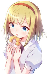 Rule 34 | 1girl, absurdres, black bow, black bowtie, blonde hair, blue eyes, blunt bangs, bow, bowtie, collared shirt, commentary request, destiny (takt op.), food, hairband, hands up, highres, holding, holding food, nyaa (nnekoron), open mouth, puffy short sleeves, puffy sleeves, red hairband, shirt, short hair, short sleeves, simple background, solo, takt op., upper body, white background, white shirt
