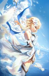 Rule 34 | 1girl, absurdres, artist name, bare shoulders, bird, blonde hair, closed mouth, cloud, dove, dress, flower, from side, genshin impact, hair flower, hair ornament, hands on own chest, highres, looking down, lumine (genshin impact), medium hair, meltyrice, short hair with long locks, sky, smile, thighhighs, thighs, white dress, white flower, yellow eyes
