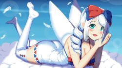Rule 34 | 1girl, angel wings, ass, bad id, bad pixiv id, blue background, blue bow, blue eyes, blush, bow, breasts, cleavage, cloud, creatures (company), drill hair, feathers, game freak, gen 4 pokemon, hair bow, highres, large breasts, looking at viewer, lying, nintendo, on stomach, own hands together, personification, pokemon, red bow, smile, the pose, thighhighs, togekiss, white hair, white thighhighs, wings, yukimura chisa