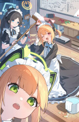 Rule 34 | 3girls, absurdly long hair, absurdres, animal ear headphones, animal ears, apron, aris (blue archive), aris (maid) (blue archive), black dress, black hair, blonde hair, blue archive, blue eyes, blue halo, blush, cat tail, chiyo akira, closed mouth, commentary request, dress, fake animal ears, fang, frilled apron, frills, green eyes, green halo, halo, headphones, highres, long hair, long sleeves, maid, maid apron, maid headdress, midori (blue archive), midori (maid) (blue archive), momoi (blue archive), momoi (maid) (blue archive), multiple girls, official alternate costume, one eye closed, open mouth, pink halo, ponytail, red eyes, short hair, short sleeves, siblings, sisters, skin fang, tail, twins, very long hair, white apron, yellow halo
