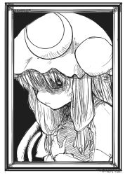 Rule 34 | 1girl, bad id, bad pixiv id, book, creepy, female focus, framed, greyscale, hat, long hair, monochrome, ogihara mach, patchouli knowledge, portrait, shaded face, solo, staring, touhou