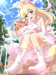 Rule 34 | 1girl, :d, aikatsu!, aikatsu! (series), bare shoulders, blonde hair, blue eyes, blue sky, blush, boots, bouquet, bow, cloud, cloudy sky, day, detached collar, dress, elbow gloves, fence, flower, frilled dress, frills, from below, full body, gloves, hair bow, happy birthday, high heel boots, high heels, highres, holding, holding bouquet, knees together feet apart, long hair, looking at viewer, looking down, open mouth, outdoors, pink bow, pink dress, pink flower, pink footwear, pink rose, rose, sekina, shiratori hime, sitting, sky, smile, solo, tree, white gloves
