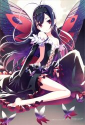Rule 34 | 10s, 1girl, absurdres, accel world, bare shoulders, black gloves, black hair, butterfly wings, center opening, collarbone, cross-laced clothes, dress, elbow gloves, full body, full moon, gloves, h2so4, head tilt, highres, insect wings, kuroyukihime, legs, long hair, looking at viewer, moon, parted lips, red eyes, smile, solo, strapless, strapless dress, wings